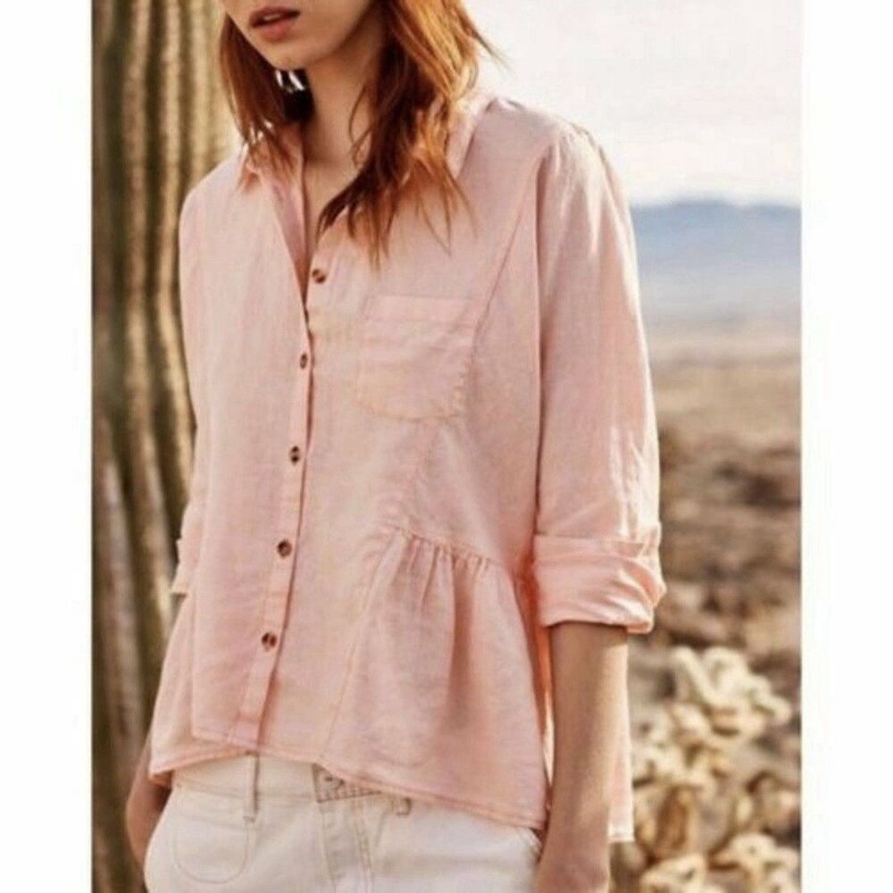 Holding Horses Anthropologie Pink McKenzie Linen Peplum Button Up Top Size S